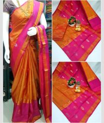 orange and magenta red colour uppada pattu sarees with All over Buttas design