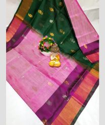 pink and green colour uppada pattu sarees with All over Buttas design