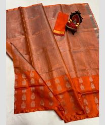 brown and light blue colour uppada pattu sarees with All over Buttas design
