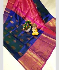 coral and blue colour uppada pattu sarees with Kanchi Border design
