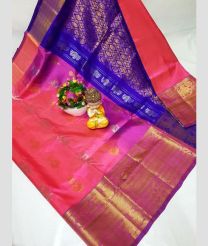coral and silver colour uppada pattu sarees with Kanchi Border design