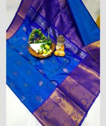 blue and silver colour uppada pattu sarees with Kanchi Border design