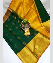 green and gold colour uppada pattu sarees with Kanchi Border design