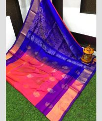 coral and navy blue colour uppada pattu sarees with All over Buttas design