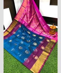 cyan blue and silver colour uppada pattu sarees with All over Buttas design