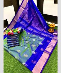 blue and olive green colour uppada pattu sarees with All over Buttas design
