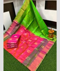coral and green colour uppada pattu sarees with All over Buttas design