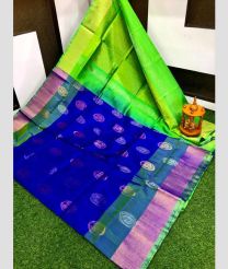 blue and green colour uppada pattu sarees with All over Buttas design