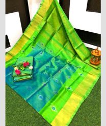 green and cyan blue colour uppada pattu sarees with All over Buttas design