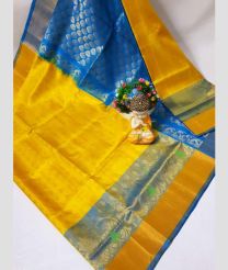 blue and yellow colour uppada pattu sarees with All over design