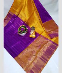 purple and yellow colour uppada pattu sarees with All over design