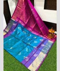 blue and purple colour uppada pattu sarees with All over Meenakari Buttas design