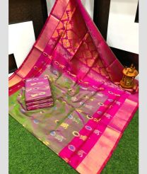 green and brown colour uppada pattu sarees with All over Meenakari Buttas design