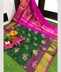 green and purple colour uppada pattu sarees with All over Meenakari Buttas design
