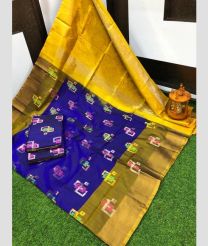 blue and yellow colour uppada pattu sarees with All over Meenakari Buttas design