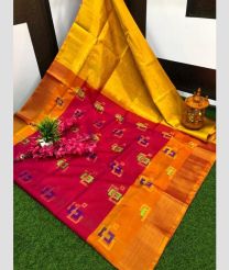 magenta and yellow colour uppada pattu sarees with All over Meenakari Buttas design
