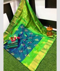 blue and green colour uppada pattu sarees with All over Meenakari Buttas design