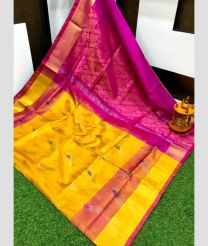 purple and yellow colour uppada pattu sarees with All over Meenakari Buttas design