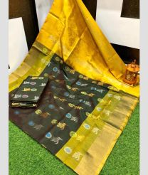 yellow and charcoal colour uppada pattu sarees with All over Meenakari Buttas design