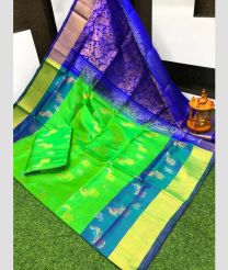 green and silver colour uppada pattu sarees with All over Meenakari Buttas design