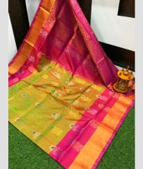 olive and purple colour uppada pattu sarees with All over Meenakari Buttas design