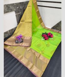 green and mustard colour uppada soft silk sarees with All over Buttas design