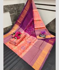 pink and purple colour uppada soft silk sarees with All over Pochampally Ikkat design