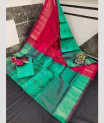 red and cyan colour uppada soft silk sarees with All over Pochampally Ikkat design