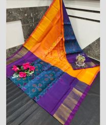 gold and purple colour uppada soft silk sarees with All over Pochampally Ikkat design