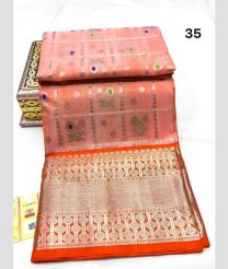 Peach and Orange venkatagiri pattu sarees with All over Checks and Buttas design
