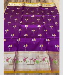 Purple and Mustard Yellow venkatagiri pattu sarees with kanchi border design