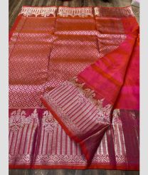 Coral Pink and Silver venkatagiri pattu sarees with kanchi border design