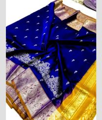 Royal Blue and Yellow venkatagiri pattu sarees with All over Kalamjali Buttas design