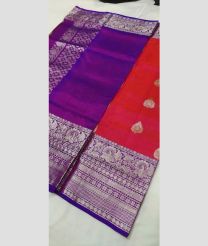 red and purple colour venkatagiri pattu sarees with All over Buttas design