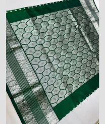 silver and green colour venkatagiri pattu sarees with All over design