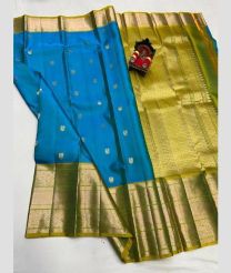 cyan blue and olive green colour venkatagiri pattu sarees with All over design