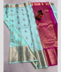 cyan and brown colour venkatagiri pattu sarees with All over design
