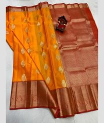 orange and maroon colour venkatagiri pattu sarees with All over design