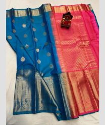 blue and coral red colour venkatagiri pattu sarees with All over design