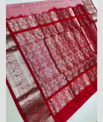 silver and coral colour venkatagiri pattu sarees with All over design