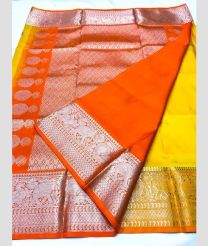 orange and olive green colour venkatagiri pattu sarees with All over design