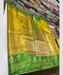 gold and green colour venkatagiri pattu sarees with All over design