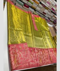 olive and coral colour venkatagiri pattu sarees with All over design