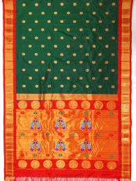 Red pallu and bottle green maharani kadial paithani pure silk and handmade saree