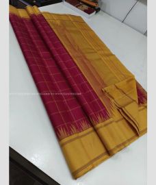 Red and Yellow color kanchi pattu sarees with temple border design -KANP0013770