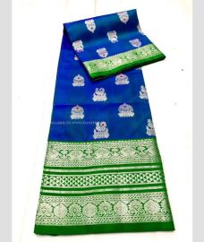Blue and Green color venkatagiri pattu sarees with all over buttas design -VAGP0001228