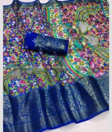 Green and Blue color linen sarees with printed design saree -LINS0000553