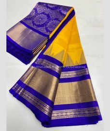 Mango Yellow and Blue color kuppadam pattu handloom saree with Kanchi Border Design-KUPP0055032