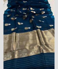 Windows Blue and Golden color Banarasi sarees with all over meenakari buttas design -BANS0018884