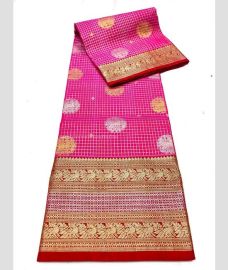 Pink and Red color venkatagiri pattu sarees with all over checks and buttas design -VAGP0001196